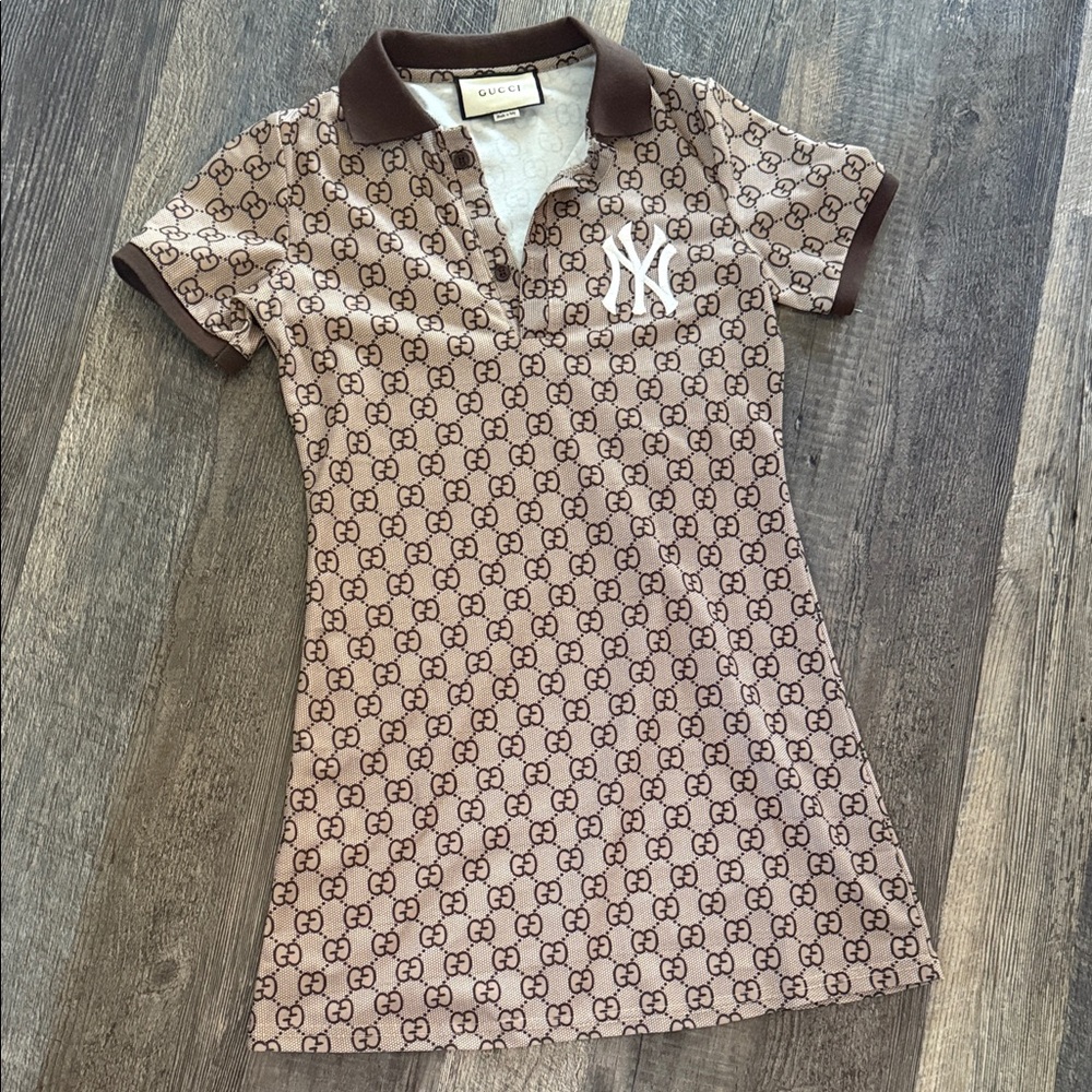 Gucci Tan and Brown Patterned Polo with NY Emblem